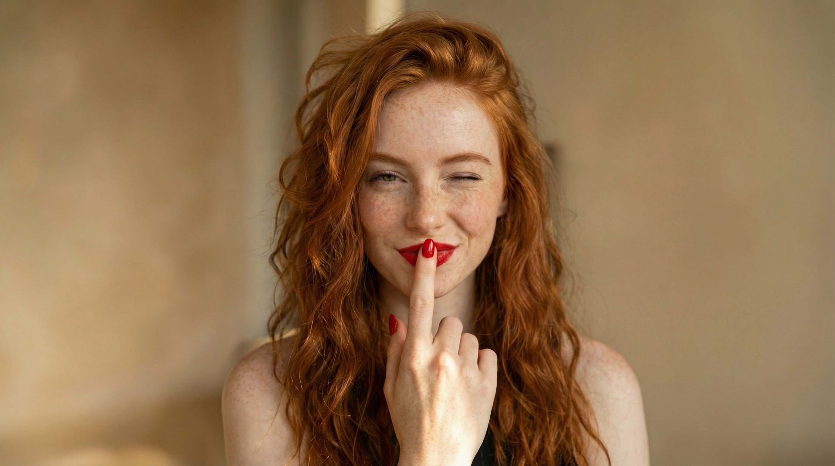 Eva guiñando un ojo con gesto de secreto — lip sync IA